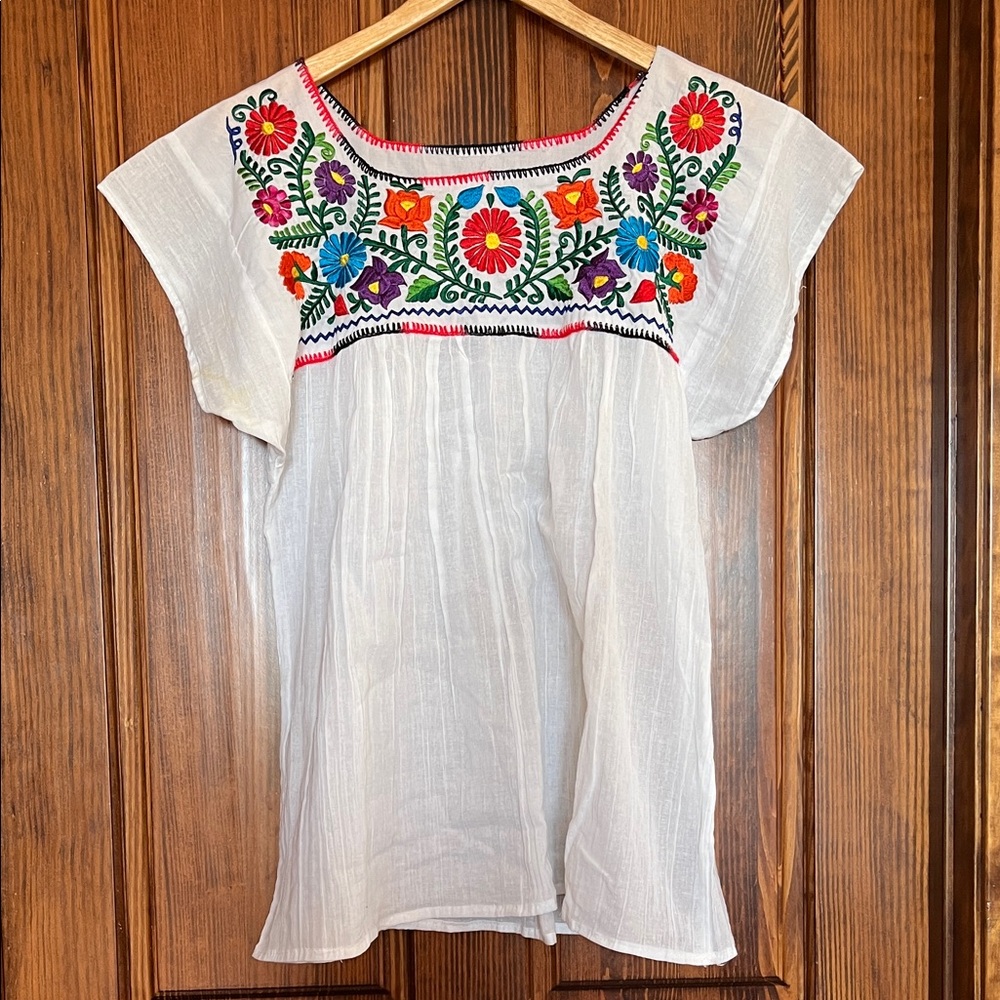 White Embroidered Peasant Blouse with Multicolor Floral Yoke